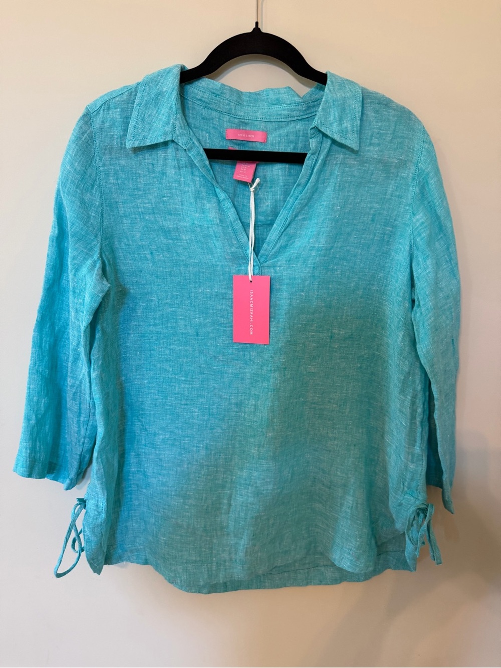 Isaac Mizrahi Turquoise Linen Blend V-Neck Tie Sleeve Blouse - Picture 7 of 8